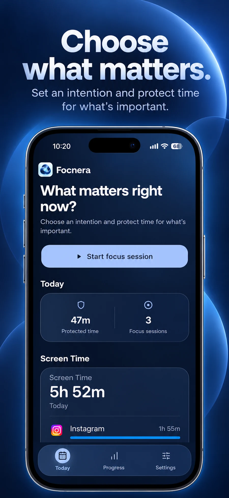 Focnera home screen with focus-session controls and selected apps