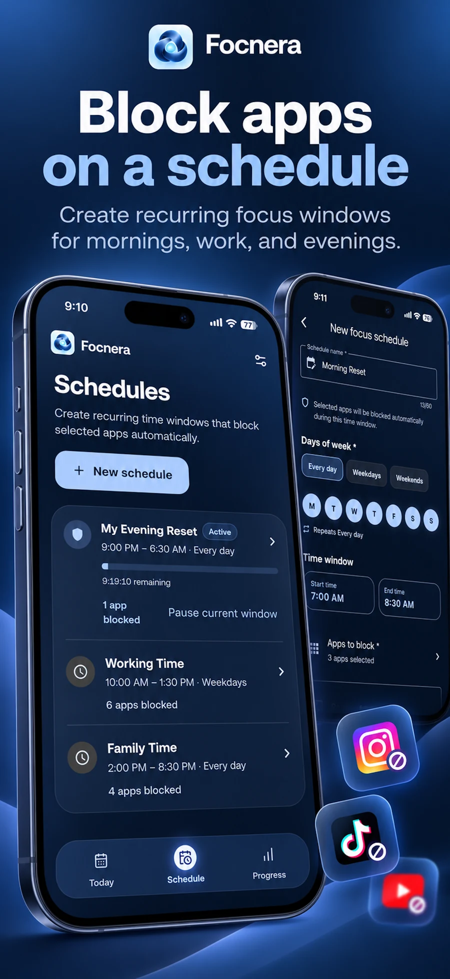 Focnera Schedules screen showing recurring app-blocking windows