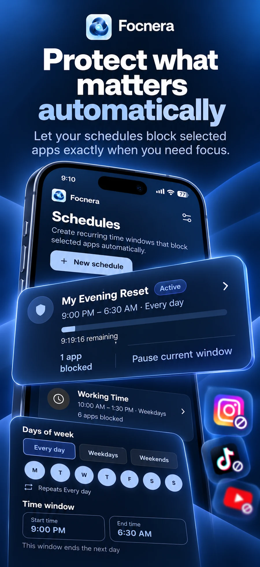 An active Focnera overnight schedule showing remaining time and the pause-current-window control
