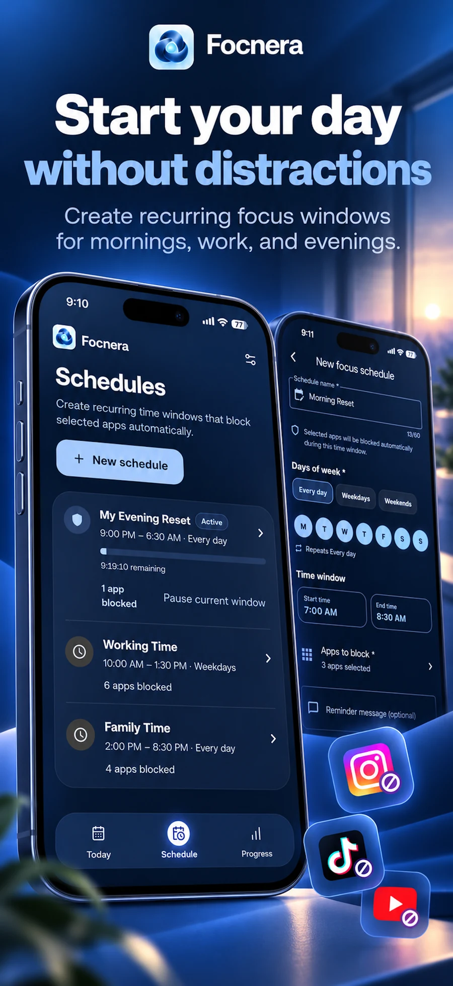 Focnera schedule creation with weekdays, app selection, and a time range